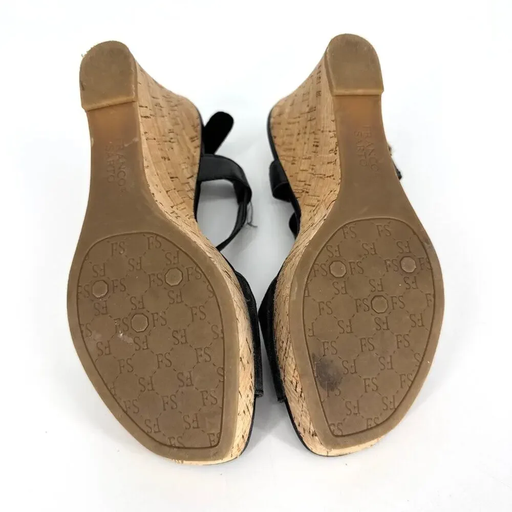 Franco Sarto Corridor Leather‎ T-Strap Cork Wedge Sandals Black Size 7.5
